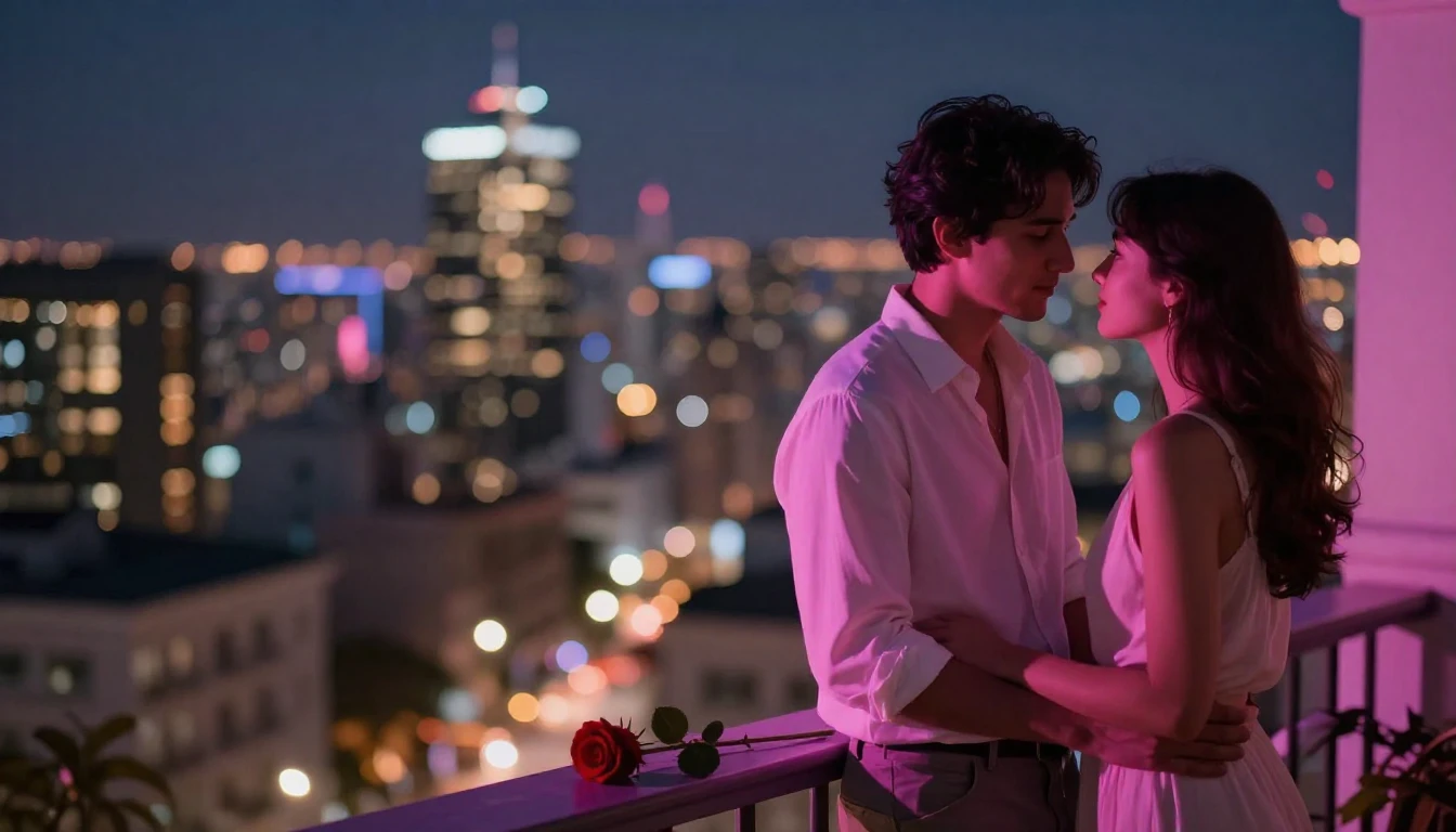 A romantic and intimate scene featuring a couple standing on...