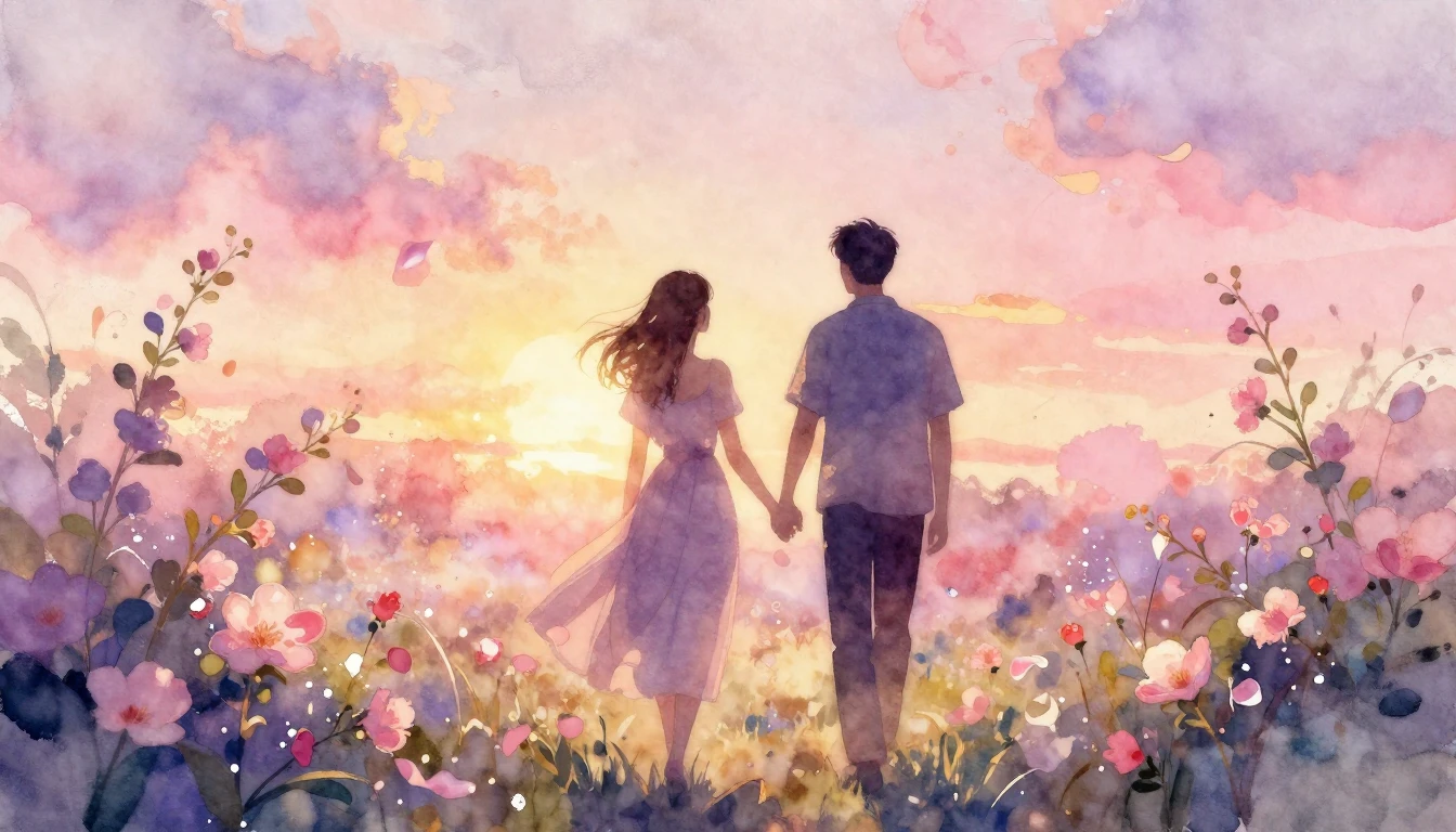 A soft watercolor painting of two silhouettes walking hand-i...