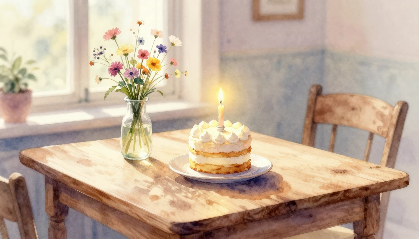 A beautiful watercolor painting of a cozy wooden table decor...