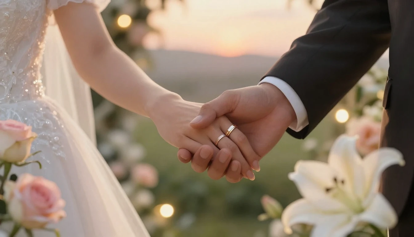 A romantic close-up illustration of a bride and groom holdin...