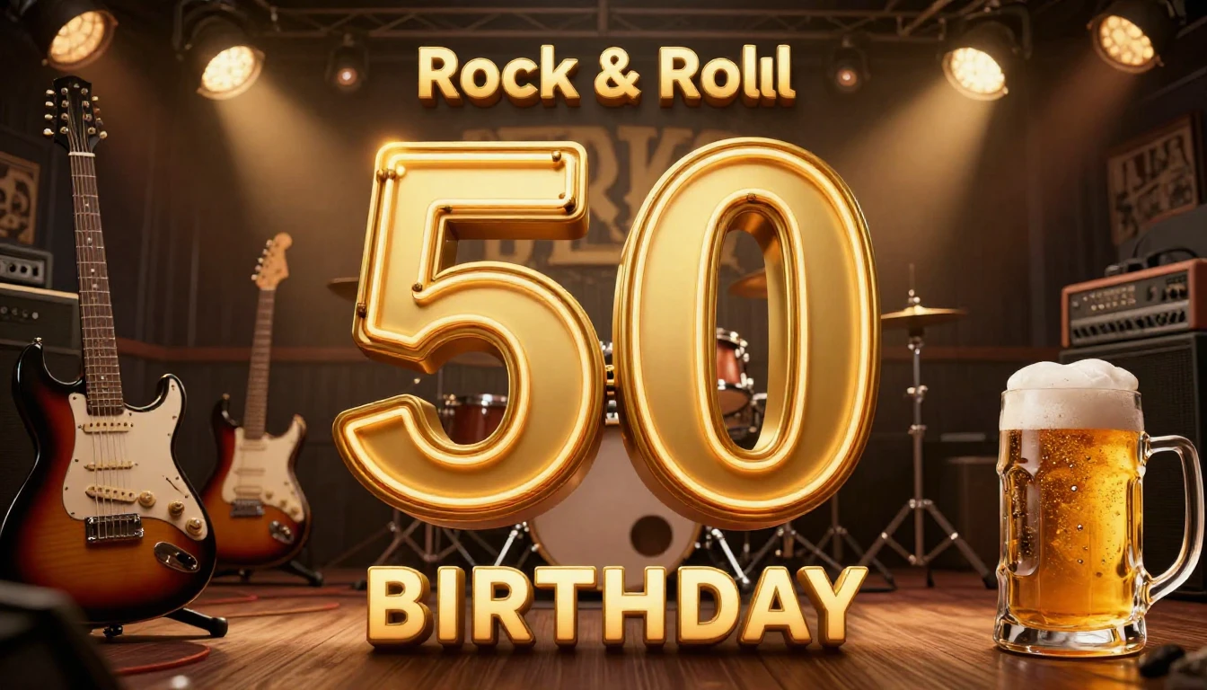 A festive rock and roll themed birthday album cover for a 50...
