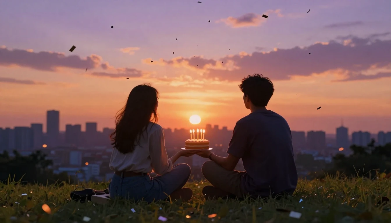 A warm and nostalgic scene depicting two silhouettes of frie...