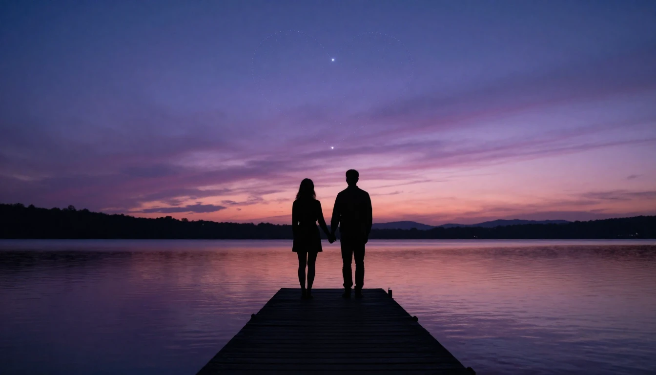 A cinematic shot of two silhouettes holding hands on a woode...