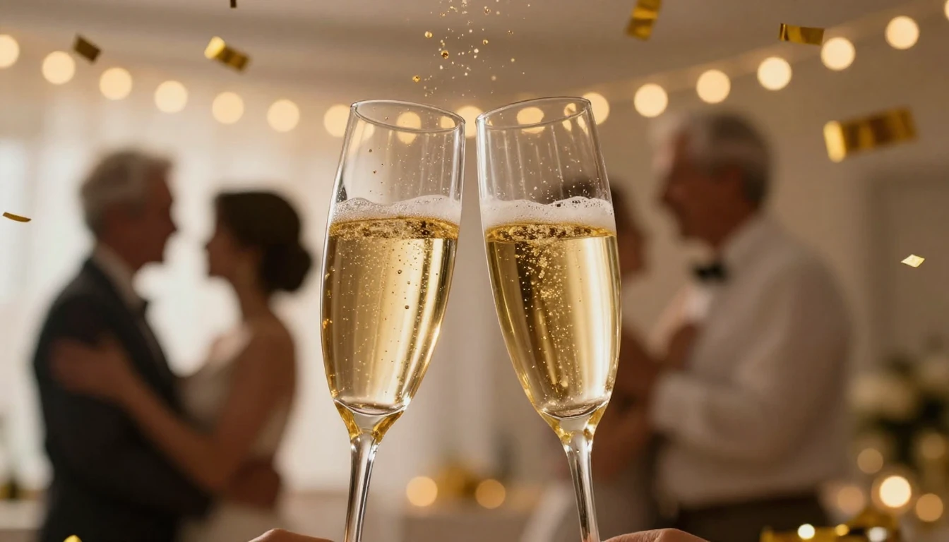 A festive celebration scene for a wedding anniversary. Close...