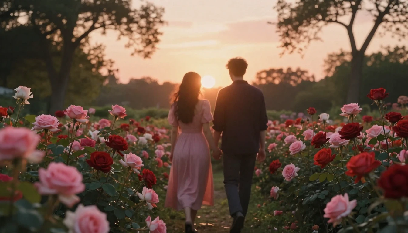 A dreamy and romantic scene featuring two silhouettes walkin...