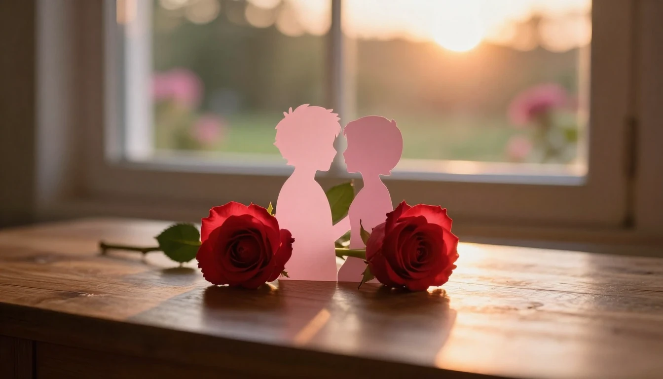 A delicate and ethereal scene featuring two intertwined silh...