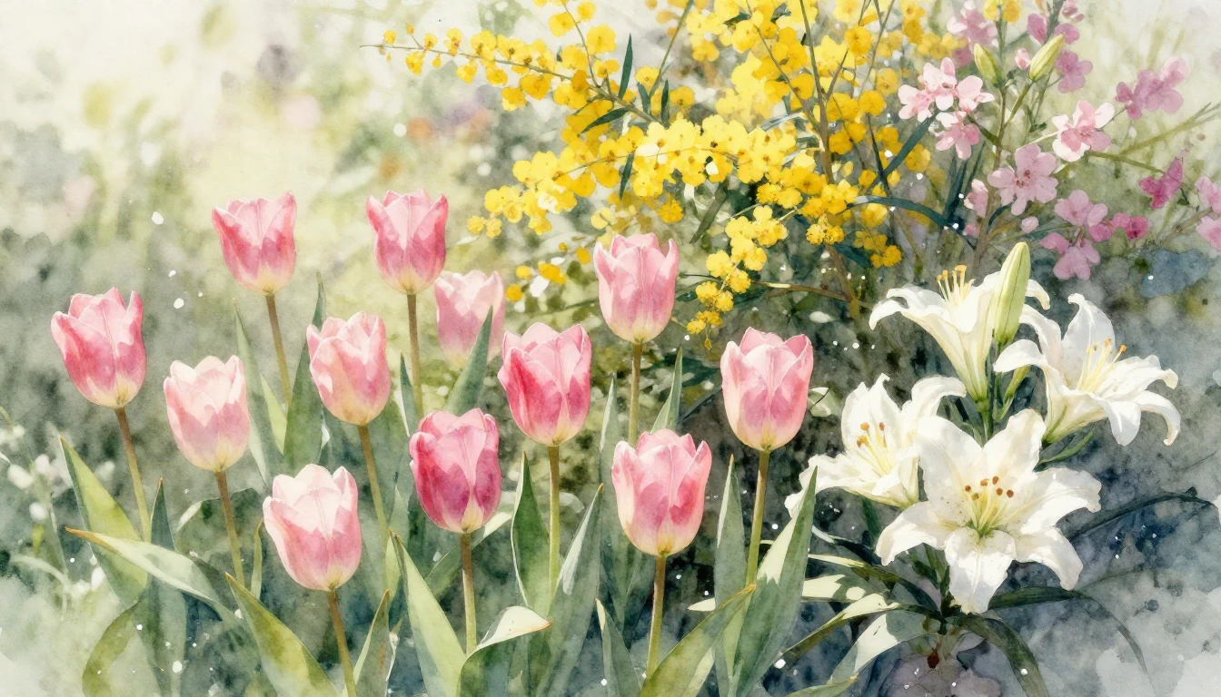 A delicate and vibrant watercolor painting of a lush spring ...