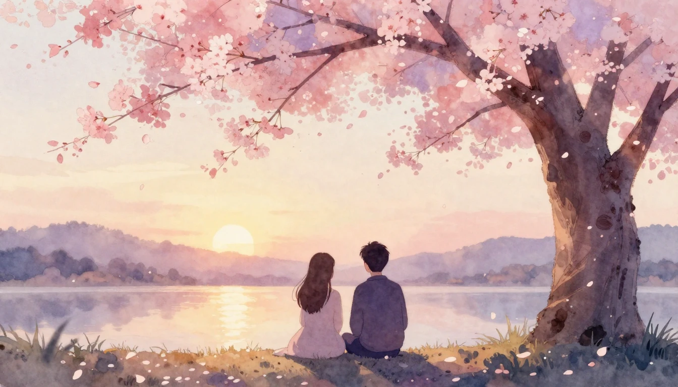 A delicate watercolor painting of two stylized silhouettes s...