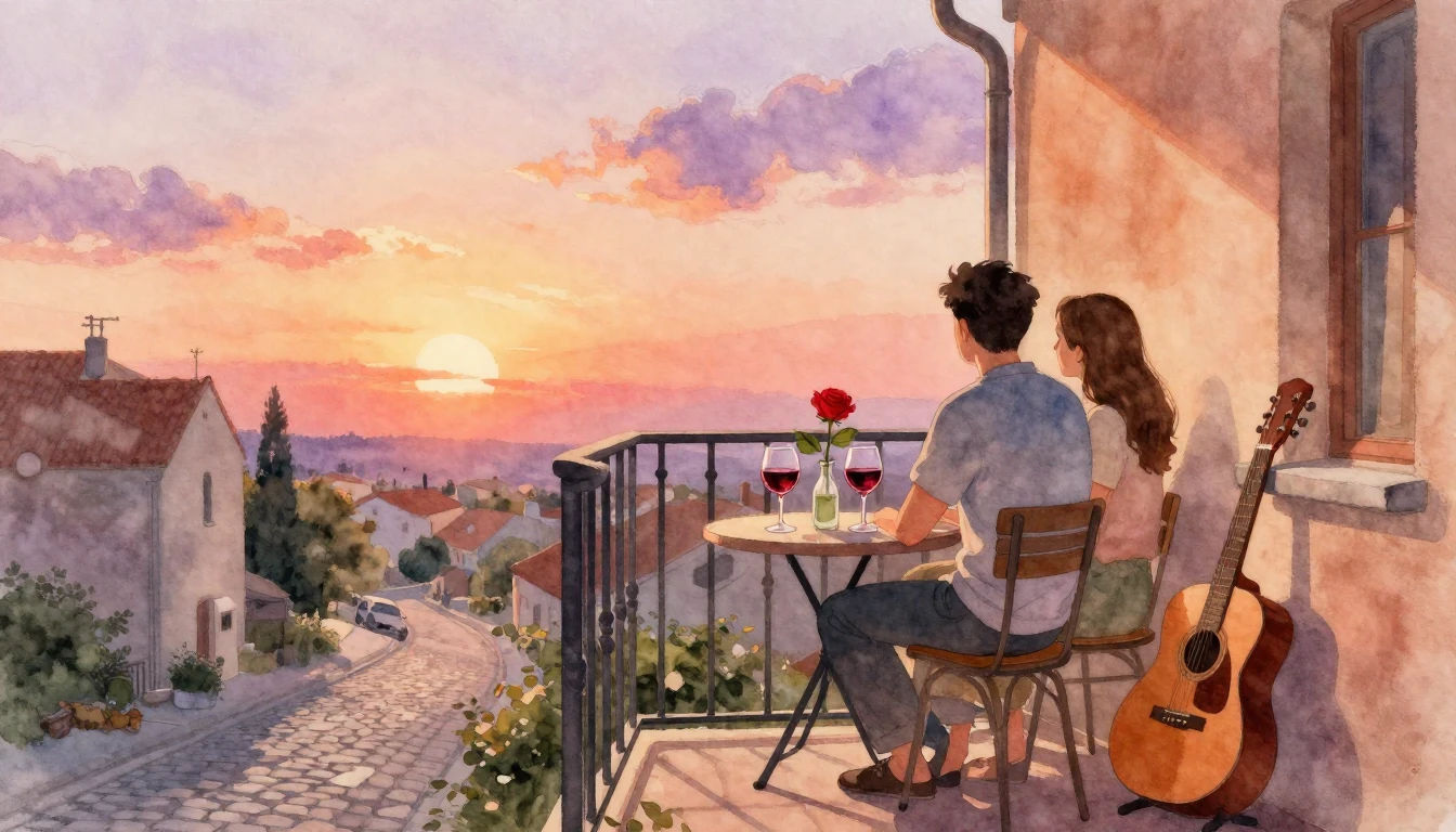 A romantic scene in soft watercolor style. A couple sitting ...