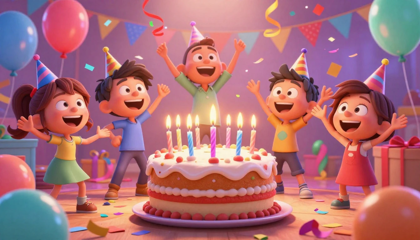 A vibrant and chaotic birthday party scene in a 3D animated ...