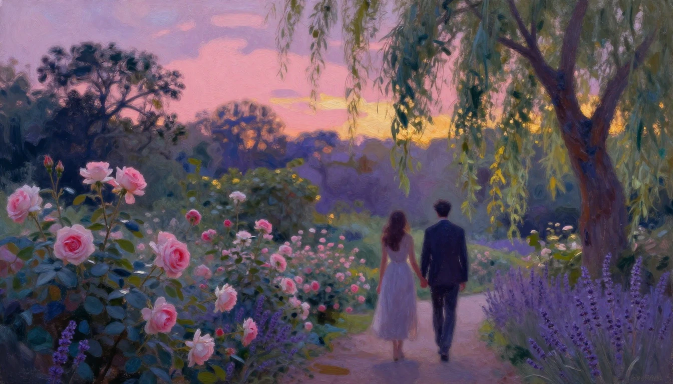 An impressionist painting of a serene garden at twilight. Tw...