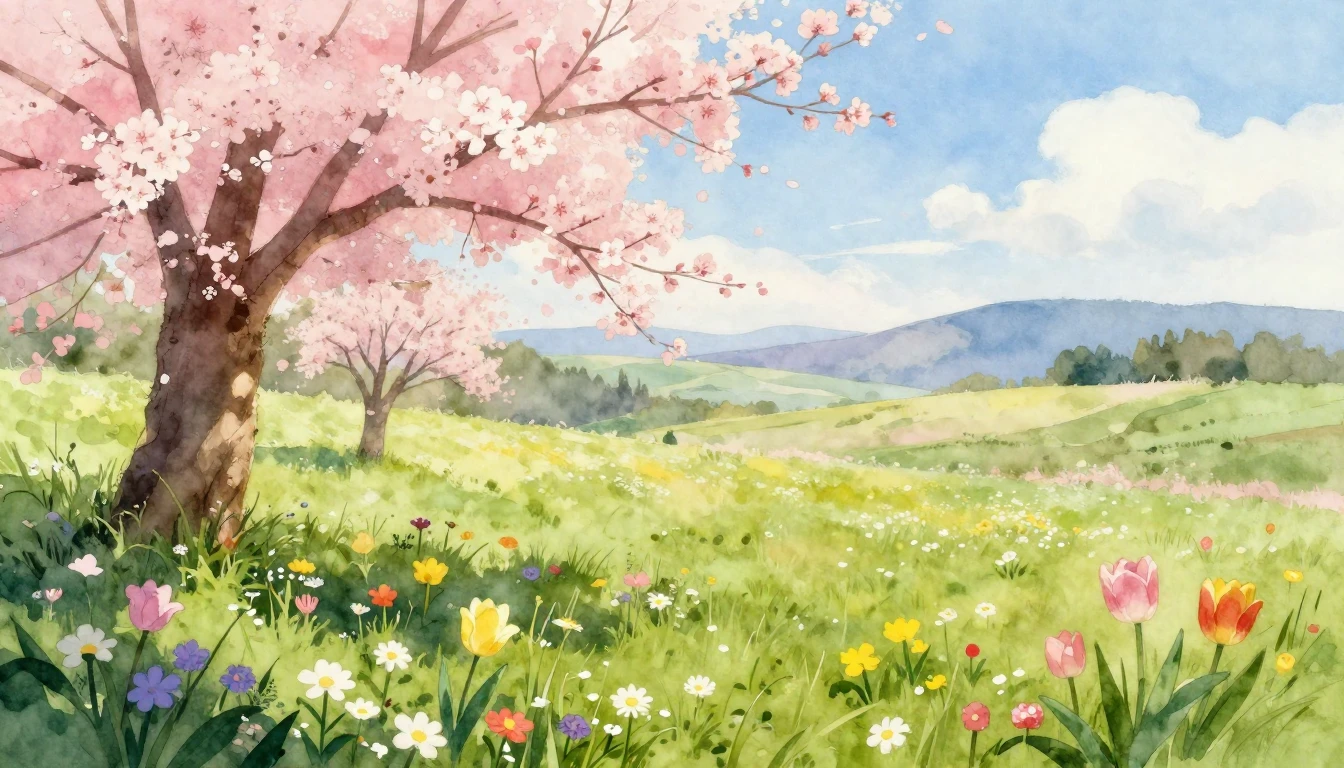 A vibrant watercolor painting of a lush meadow in full bloom...