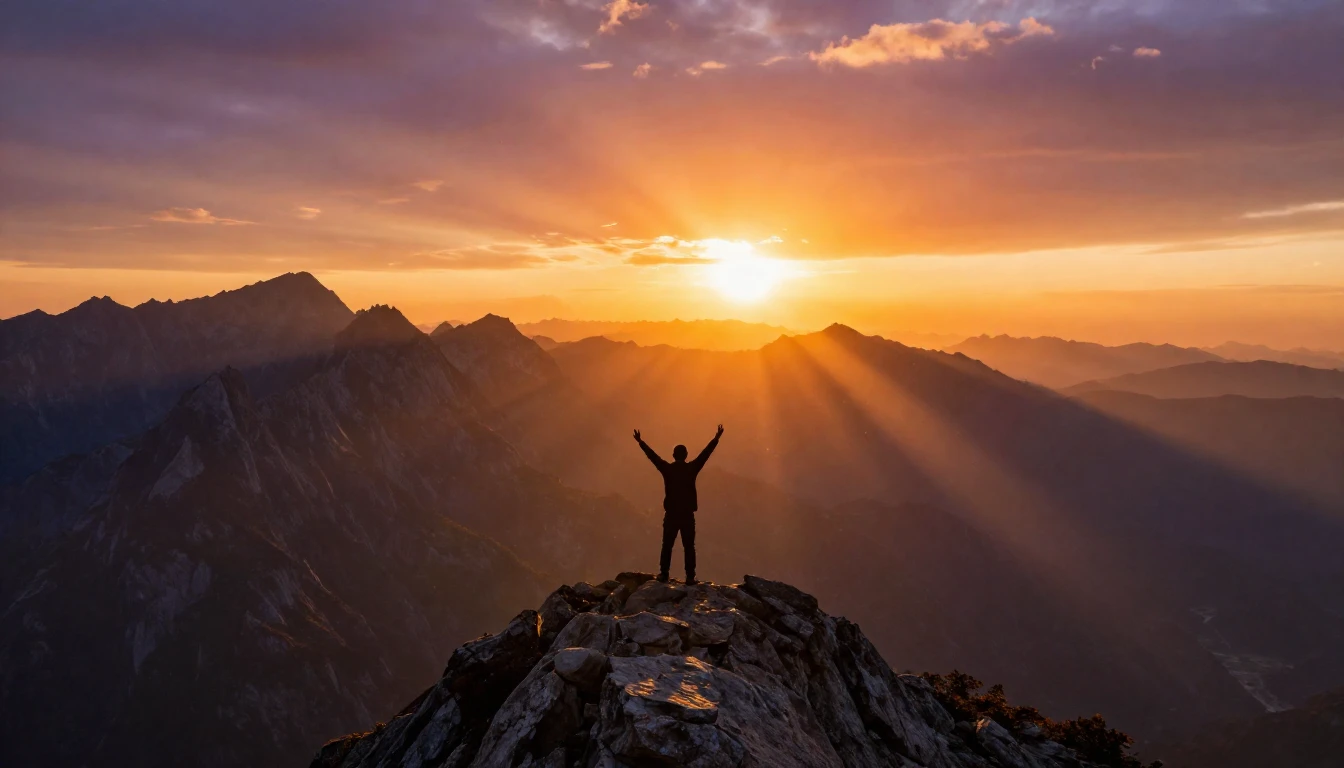 A wide-angle shot of a majestic sun rising over a jagged mou...