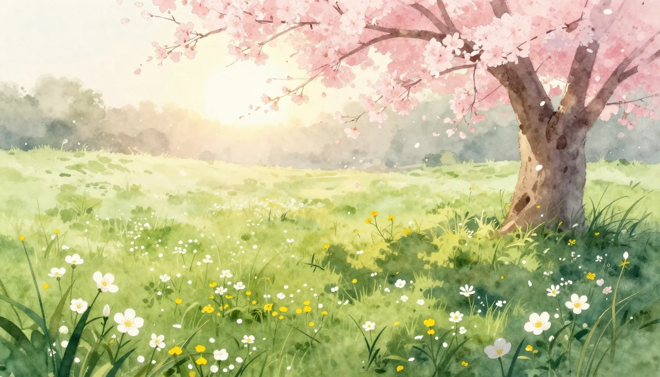 A beautiful watercolor painting of a lush green meadow at da...