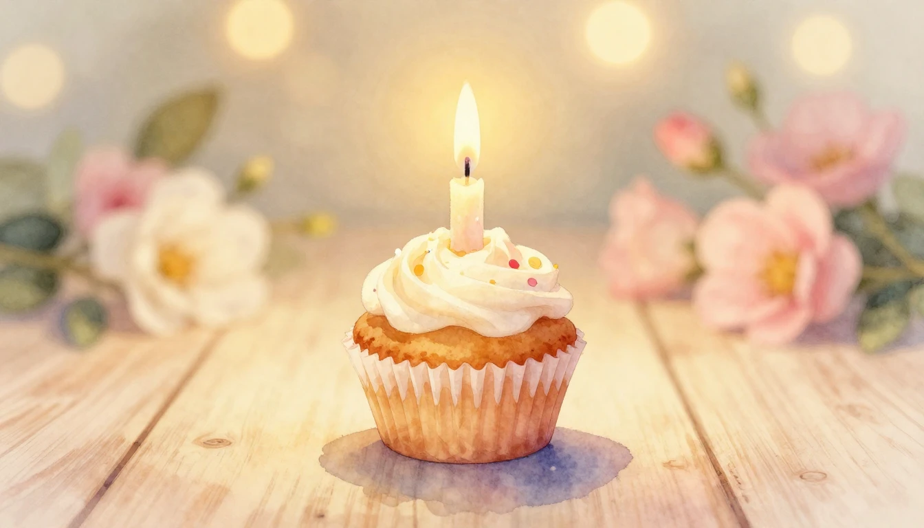 A soft watercolor painting of a single lit candle on a small...