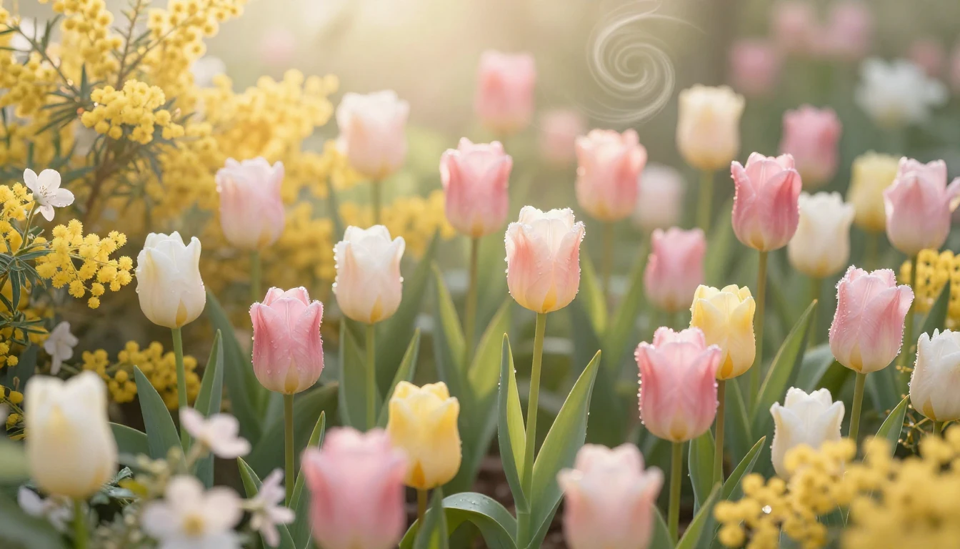 A lush, vibrant garden filled with blooming tulips, mimosas,...