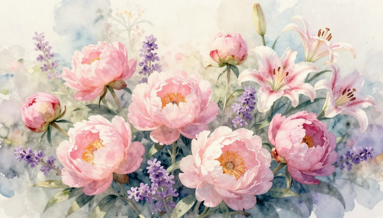 A beautiful watercolor painting of a blooming garden filled ...