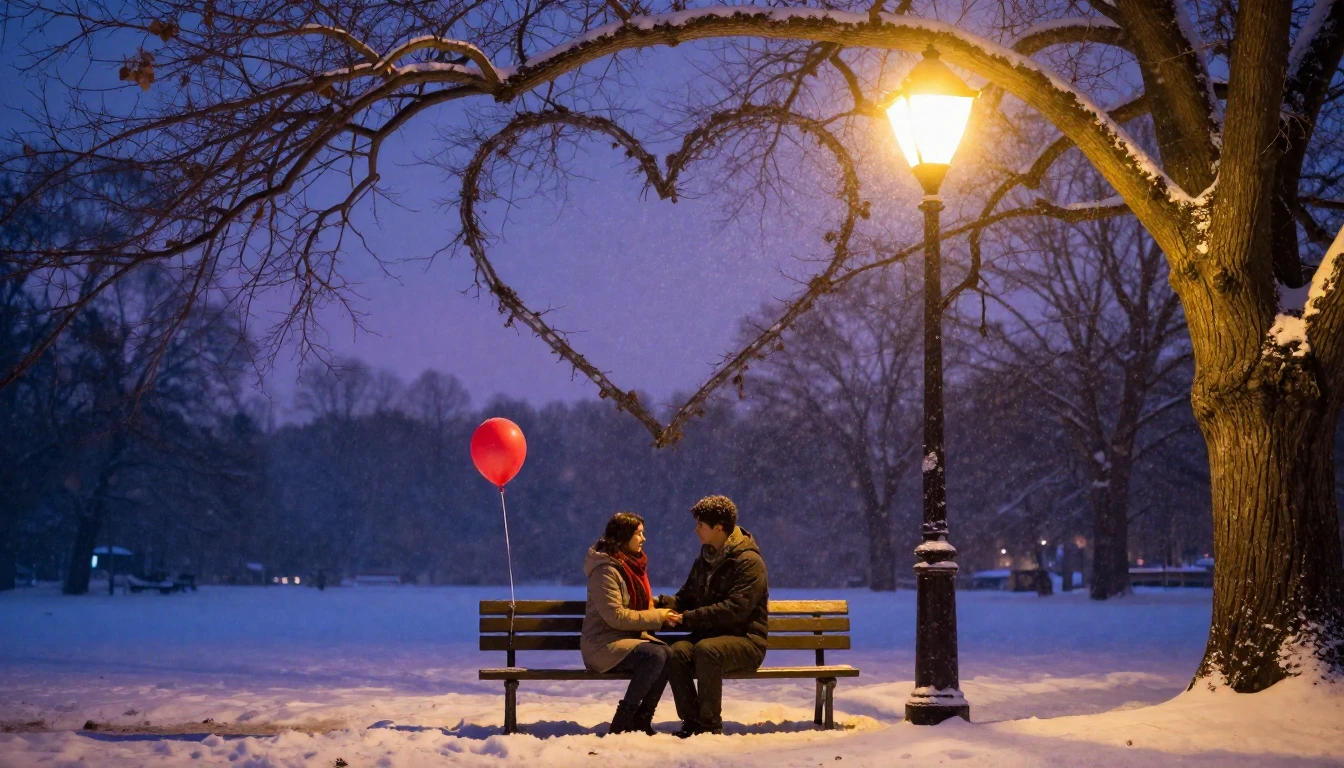 A soft and romantic scene of a couple sitting on a wooden be...