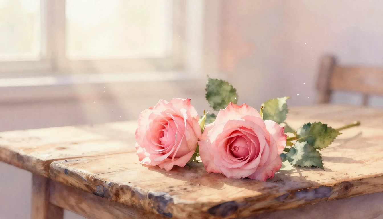 A soft and ethereal watercolor painting of two delicate pink...