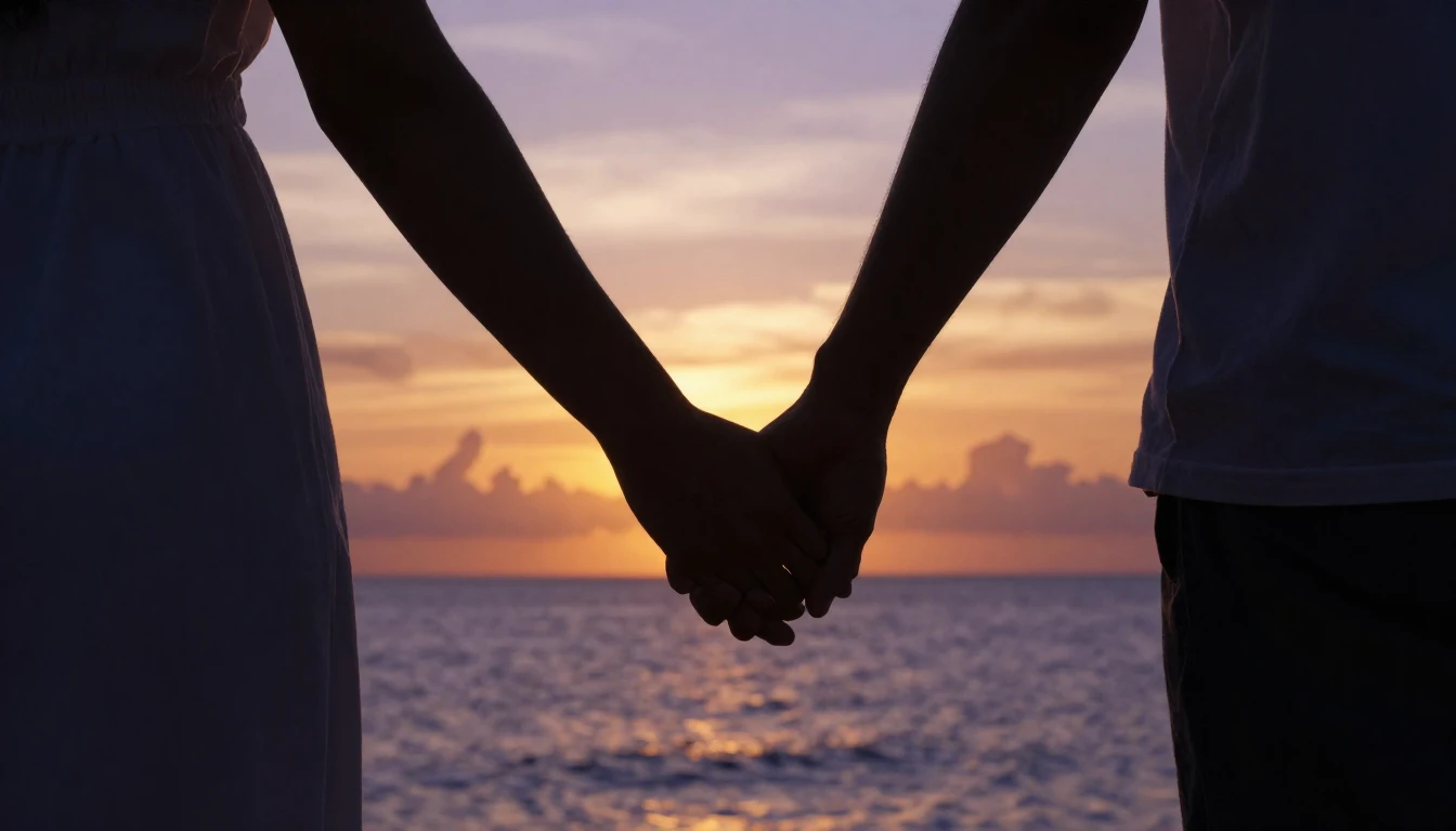 A cinematic shot of a silhouette of a couple holding hands a...