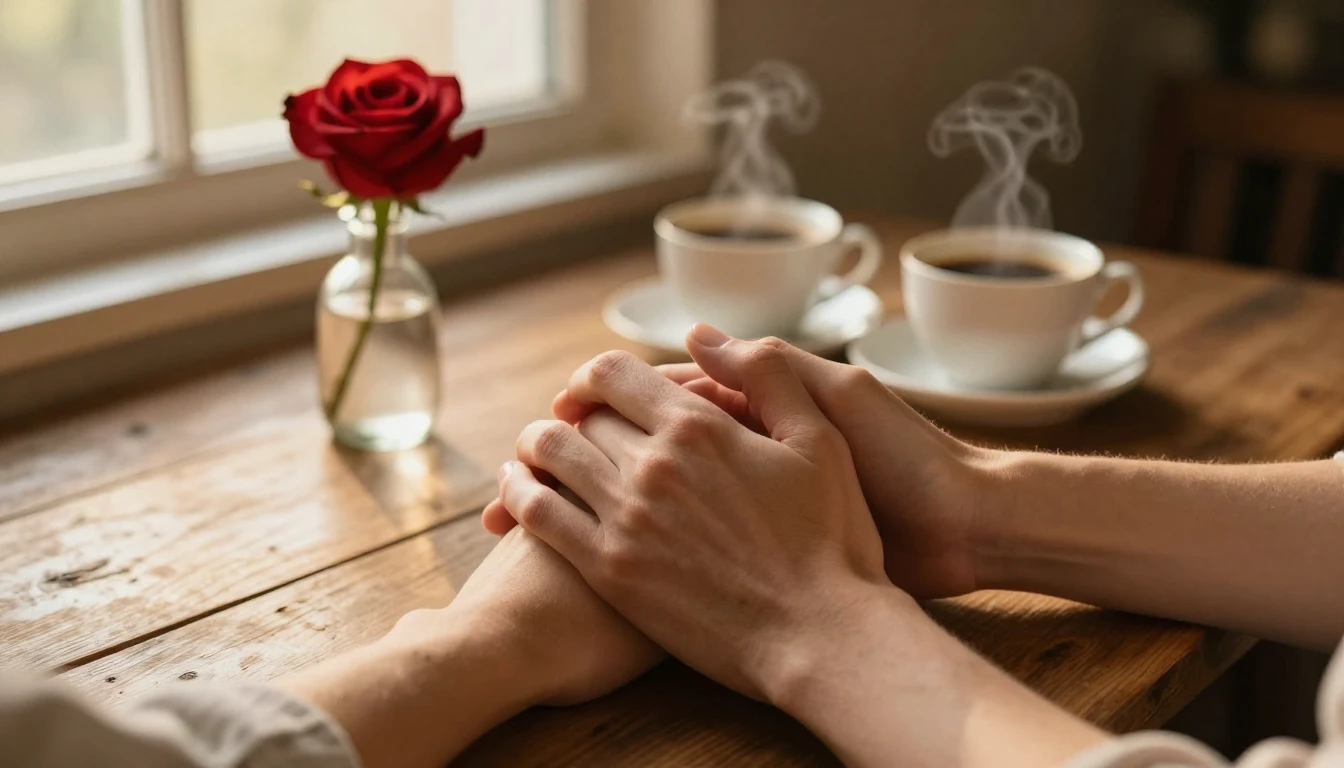 A warm and intimate close-up scene of two hands holding each...
