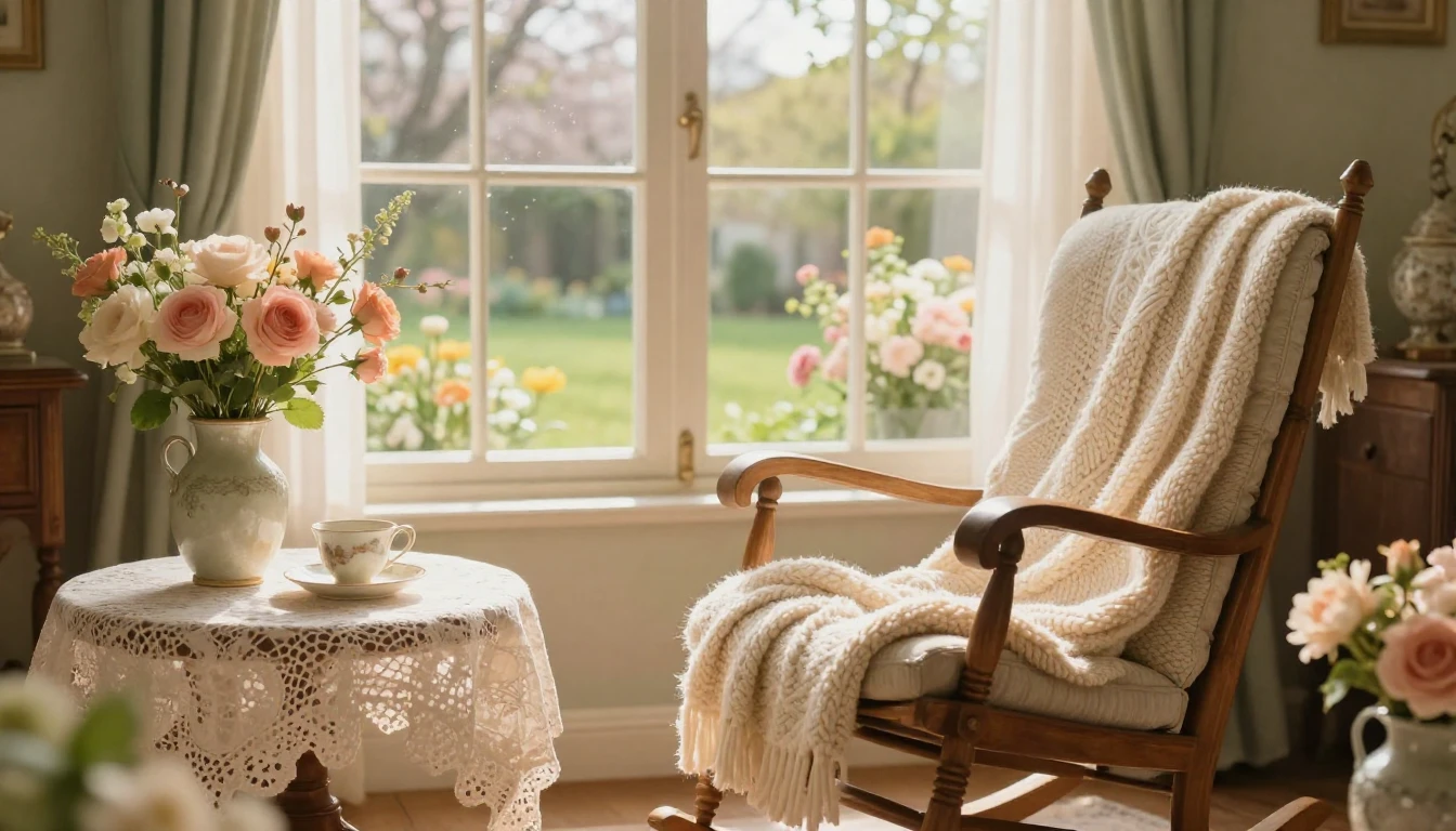 A cozy sunlit living room filled with blooming flowers in vi...