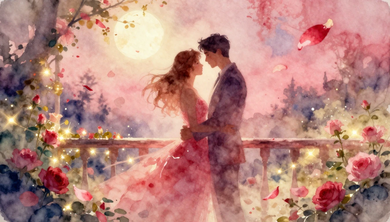 A dreamy and ethereal watercolor painting of two intertwined...