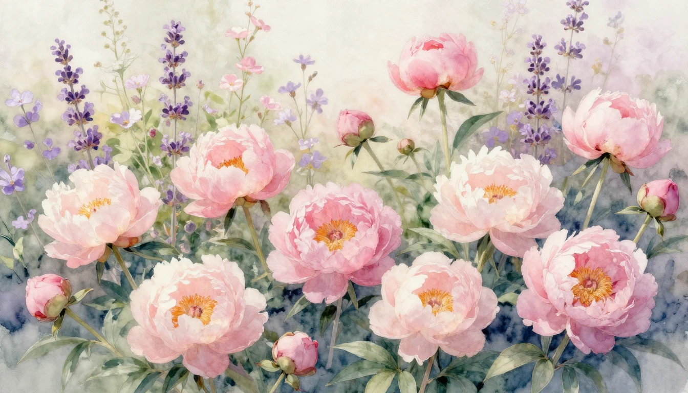 A beautiful watercolor painting of a blooming garden filled ...