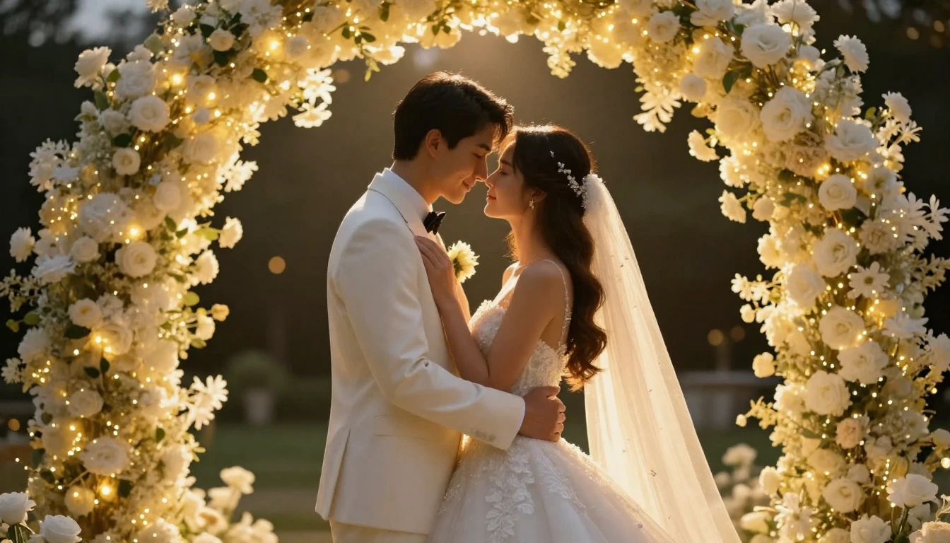 A breathtaking cinematic shot of a bride and groom embracing...
