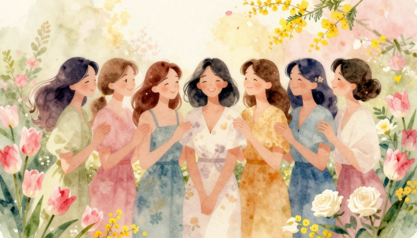 A beautiful, uplifting watercolor painting of a diverse grou...