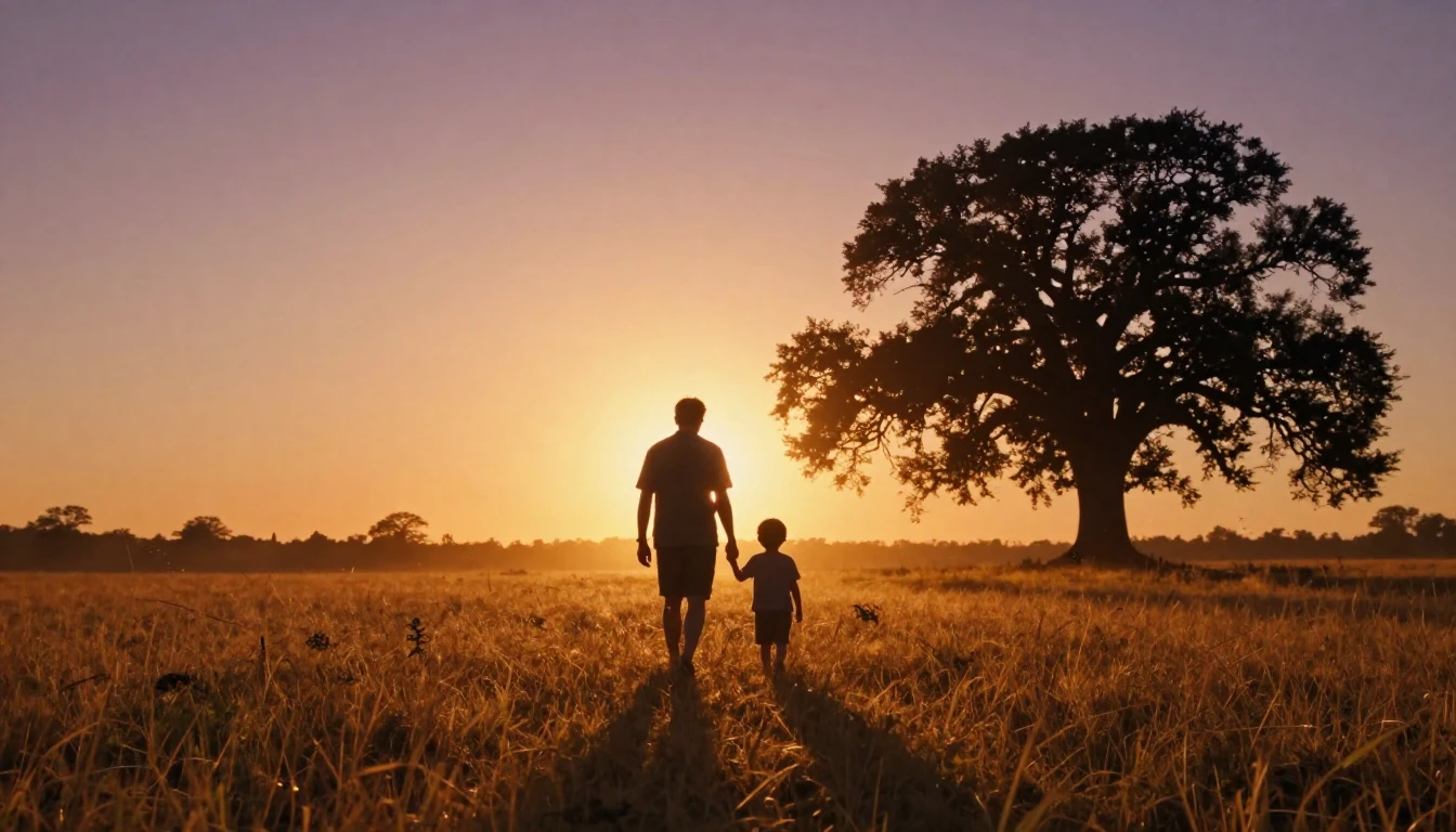 A wide cinematic shot of a silhouetted father and small chil...