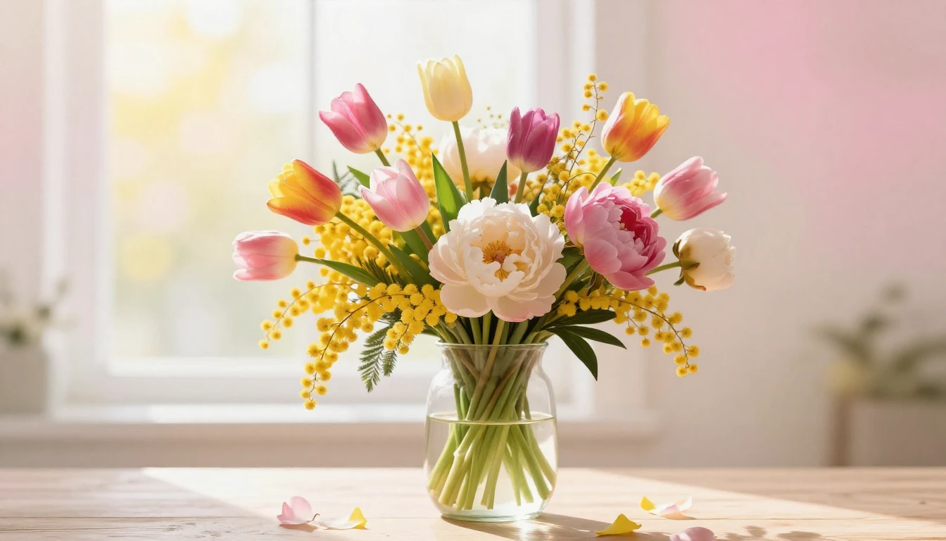 A beautiful and vibrant bouquet of spring flowers, including...