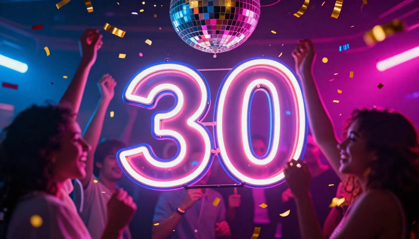 A vibrant and energetic party scene focusing on a glowing ne...