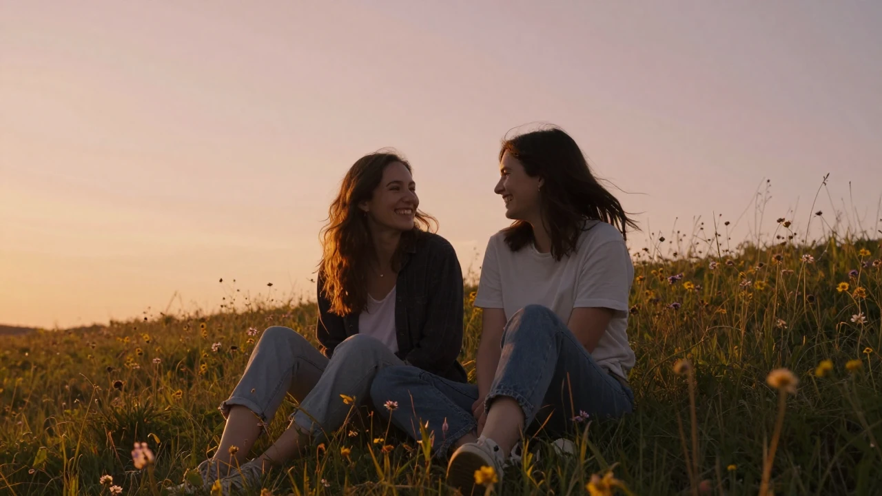 Two best friends sitting on a blooming meadow hill during a ...
