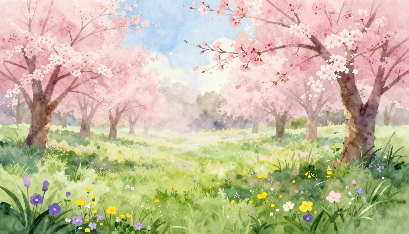 A breathtaking watercolor painting of a lush meadow at dawn....