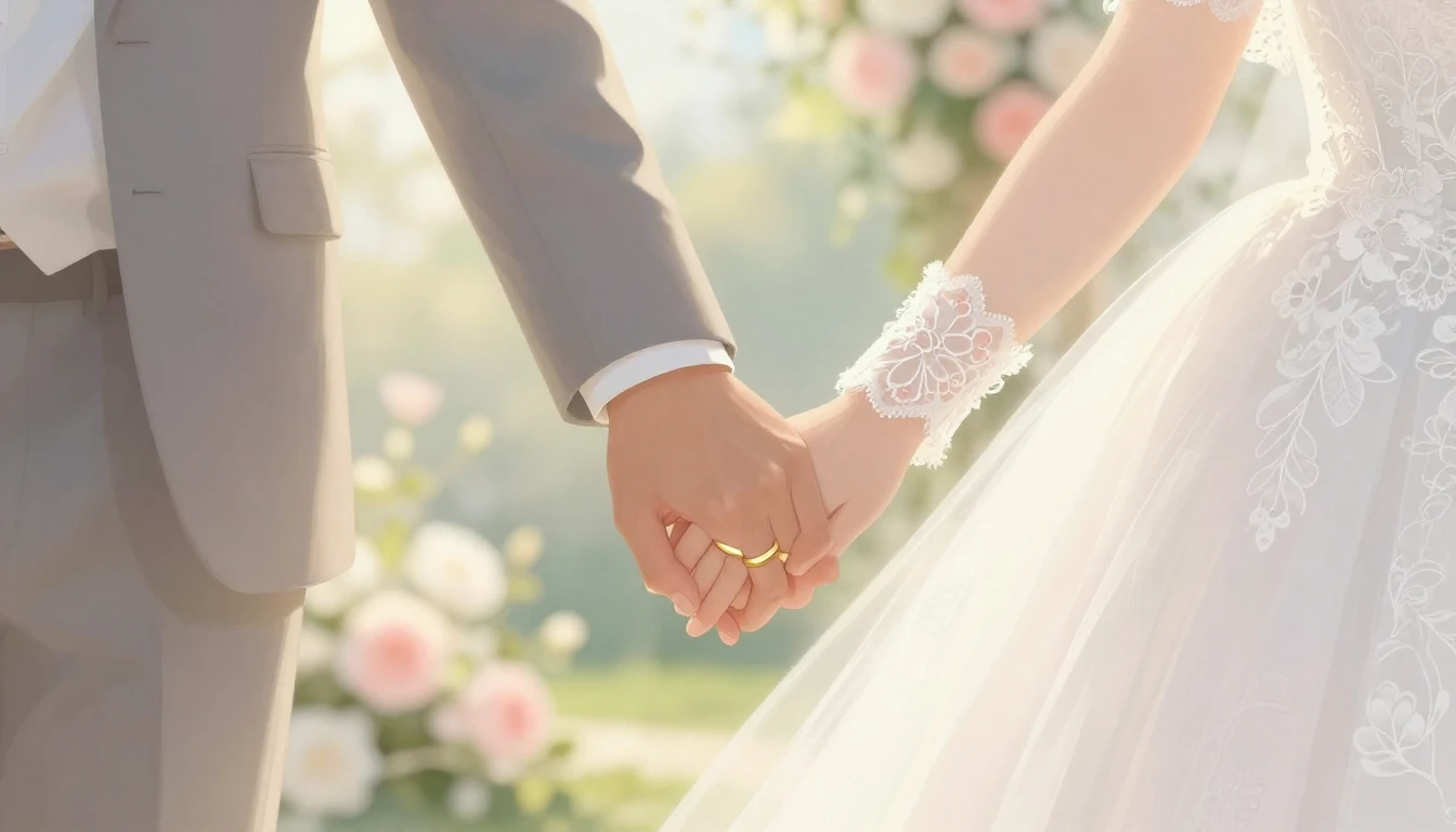 A soft and romantic close-up illustration of a bride and gro...