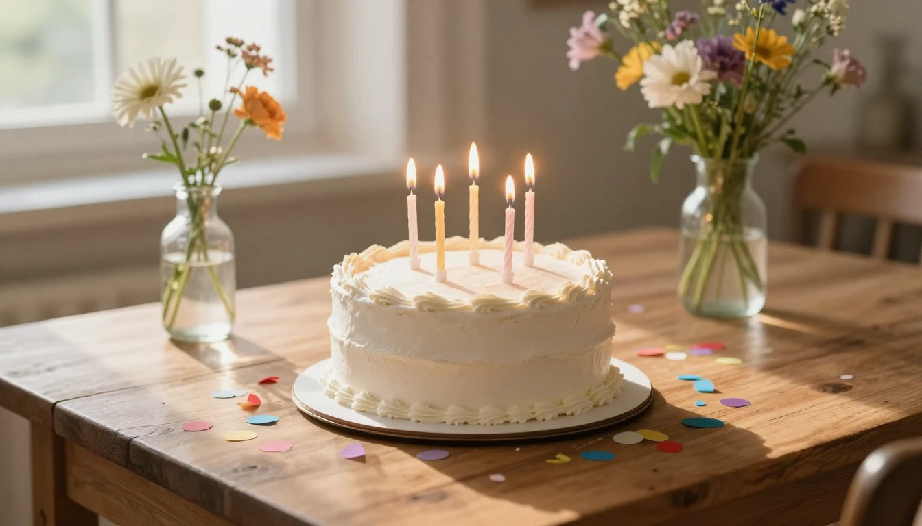 A close-up view of a rustic wooden table set for a birthday ...