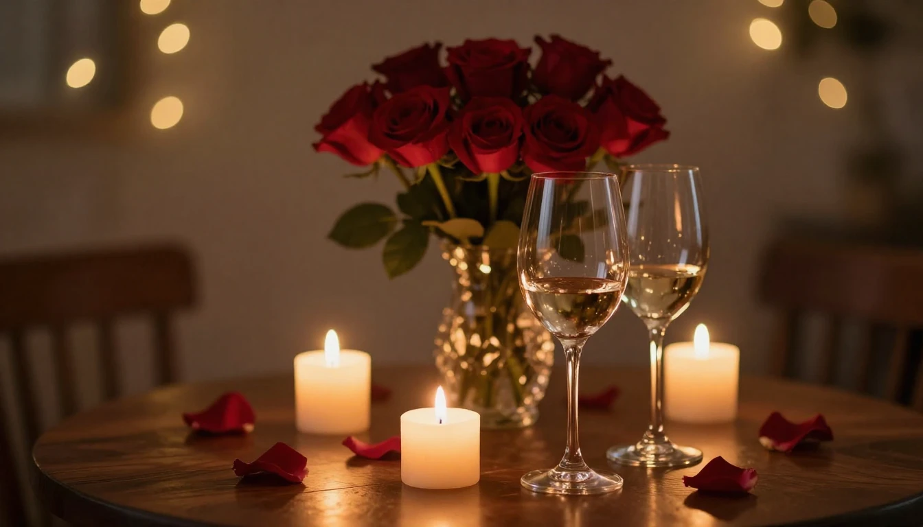 A serene and romantic scene featuring two elegant wine glass...