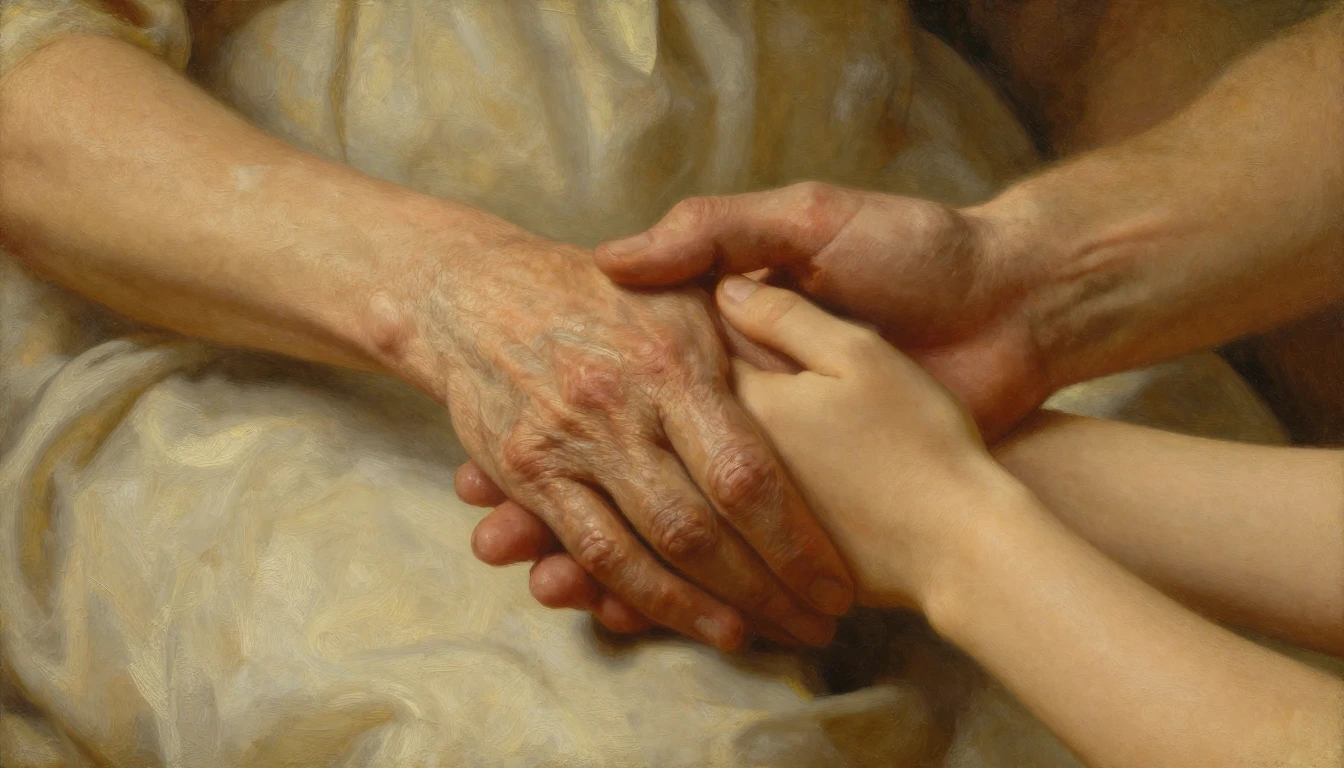 An oil painting depicting a close-up of two hands gently hol...