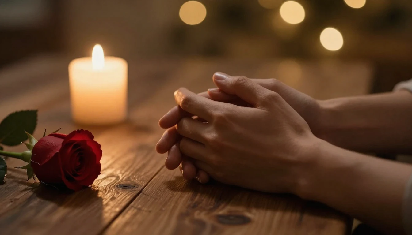 A romantic close-up scene showing two hands gently holding e...