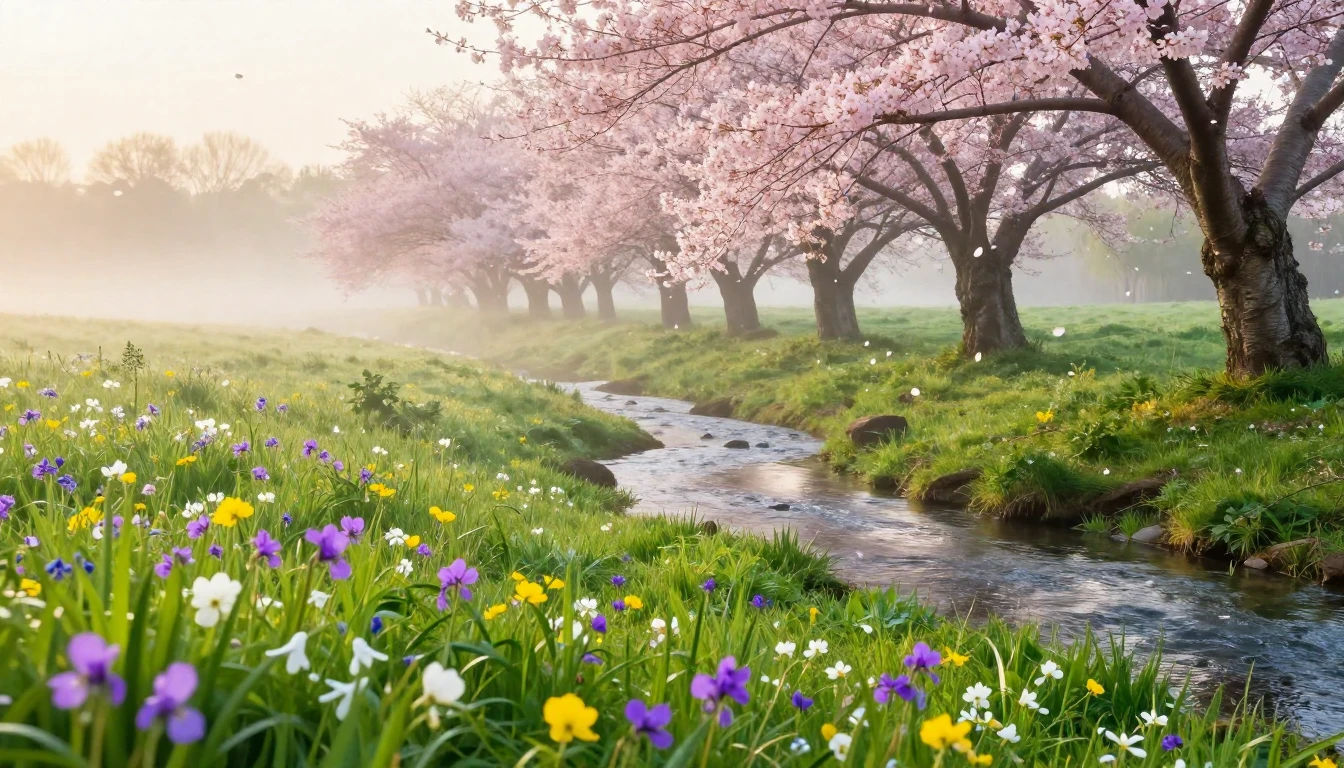 A breathtaking landscape of a lush green meadow during sunri...