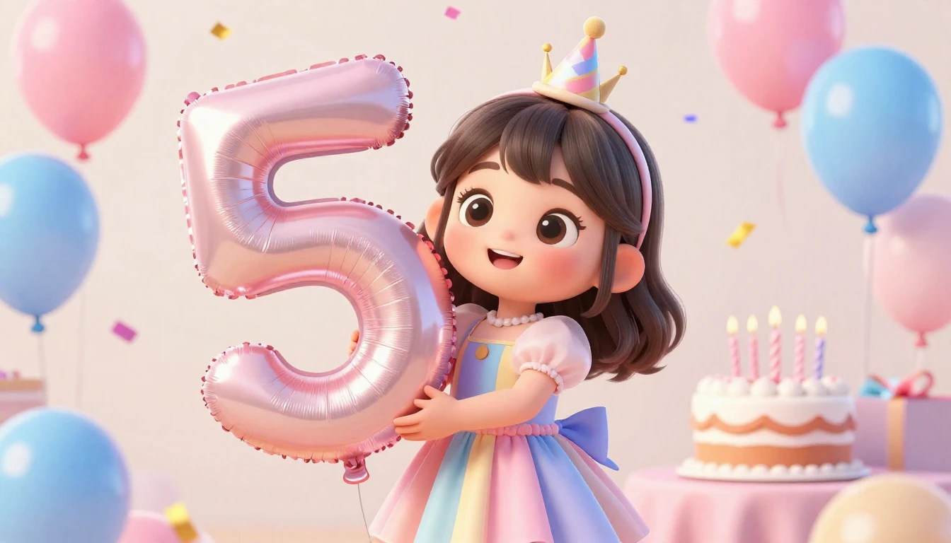 A cute 3D animated style little girl celebrating her fifth b...