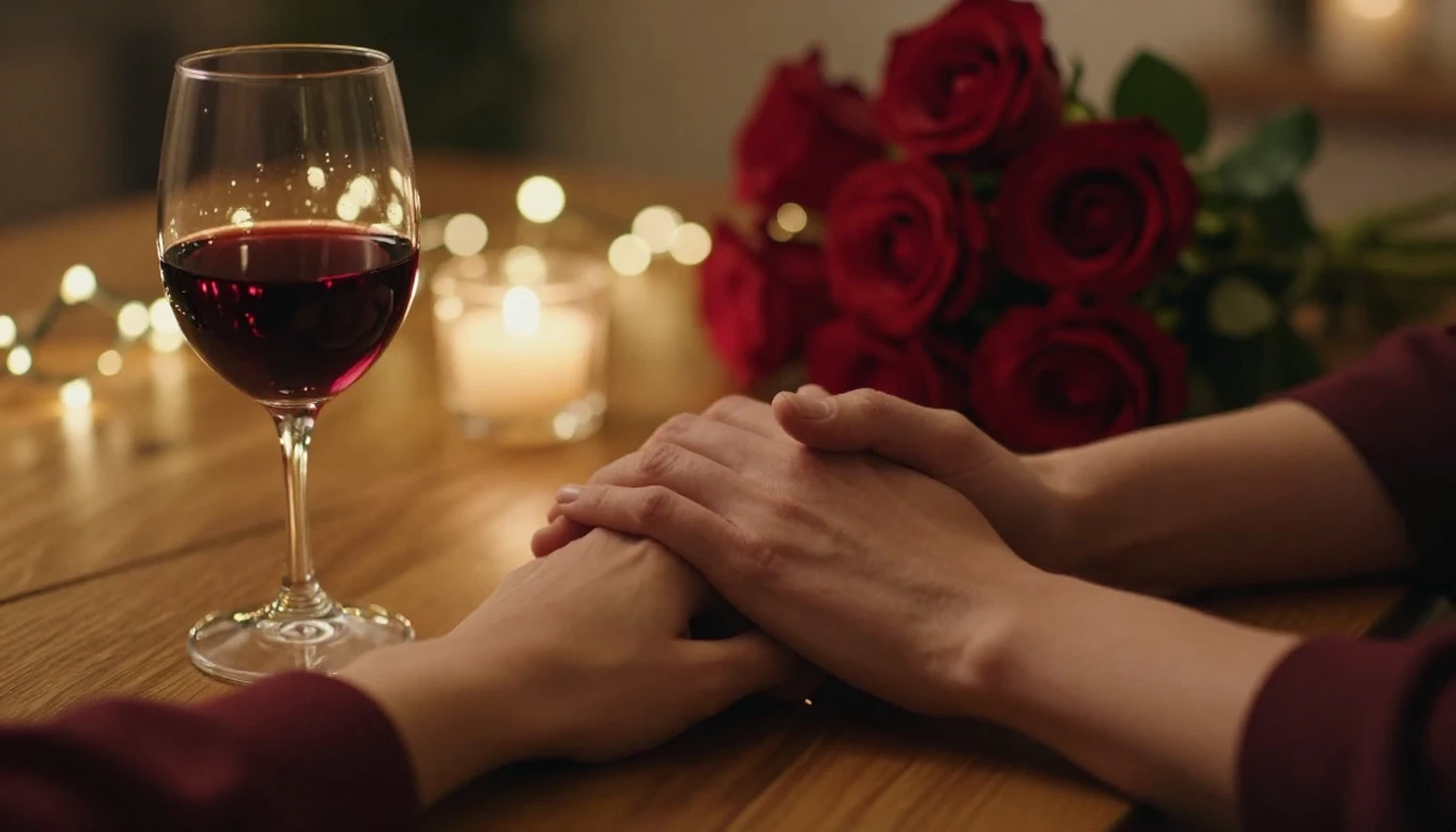 A cinematic close-up shot of two hands gently intertwined re...