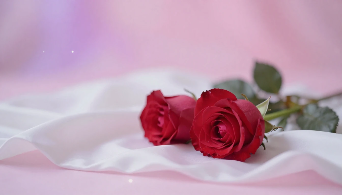 A romantic and ethereal scene featuring two delicate red ros...