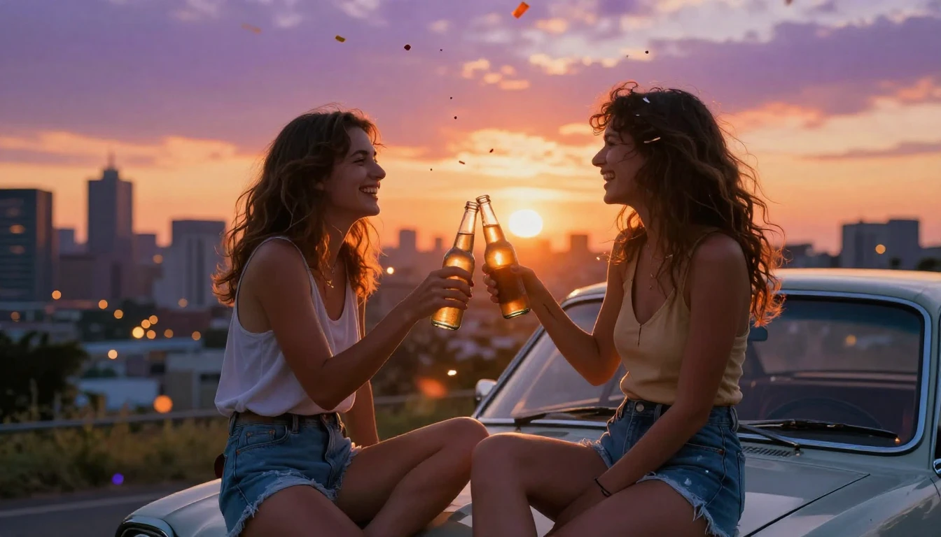 A vibrant and heartwarming scene of two best friends sitting...