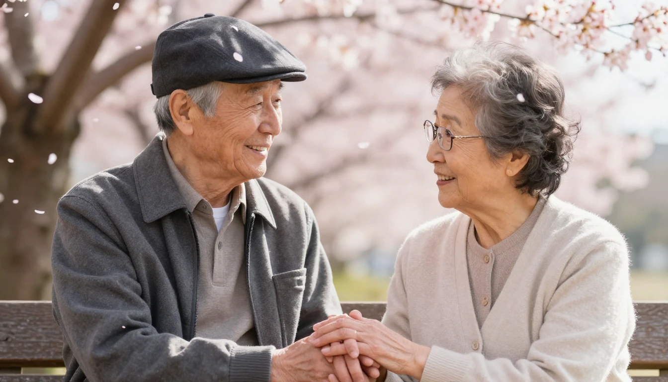 A heartwarming, close-up scene of an elderly Japanese couple...