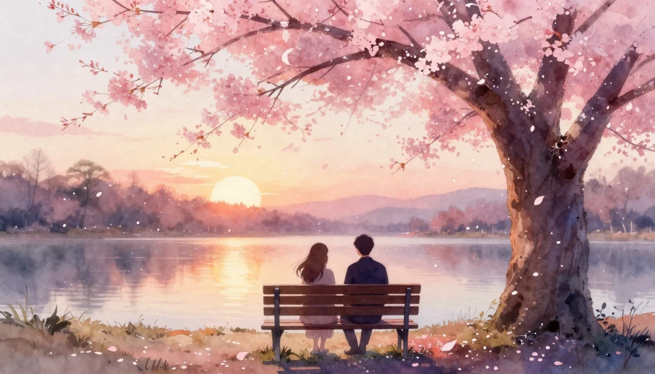 A beautiful watercolor painting of two silhouettes sitting o...