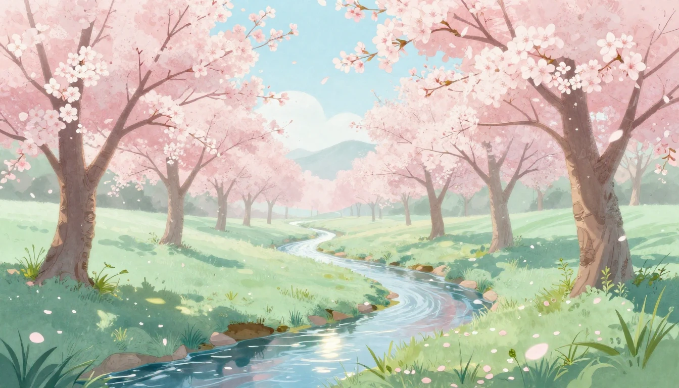 A serene landscape during early spring rendered in delicate ...