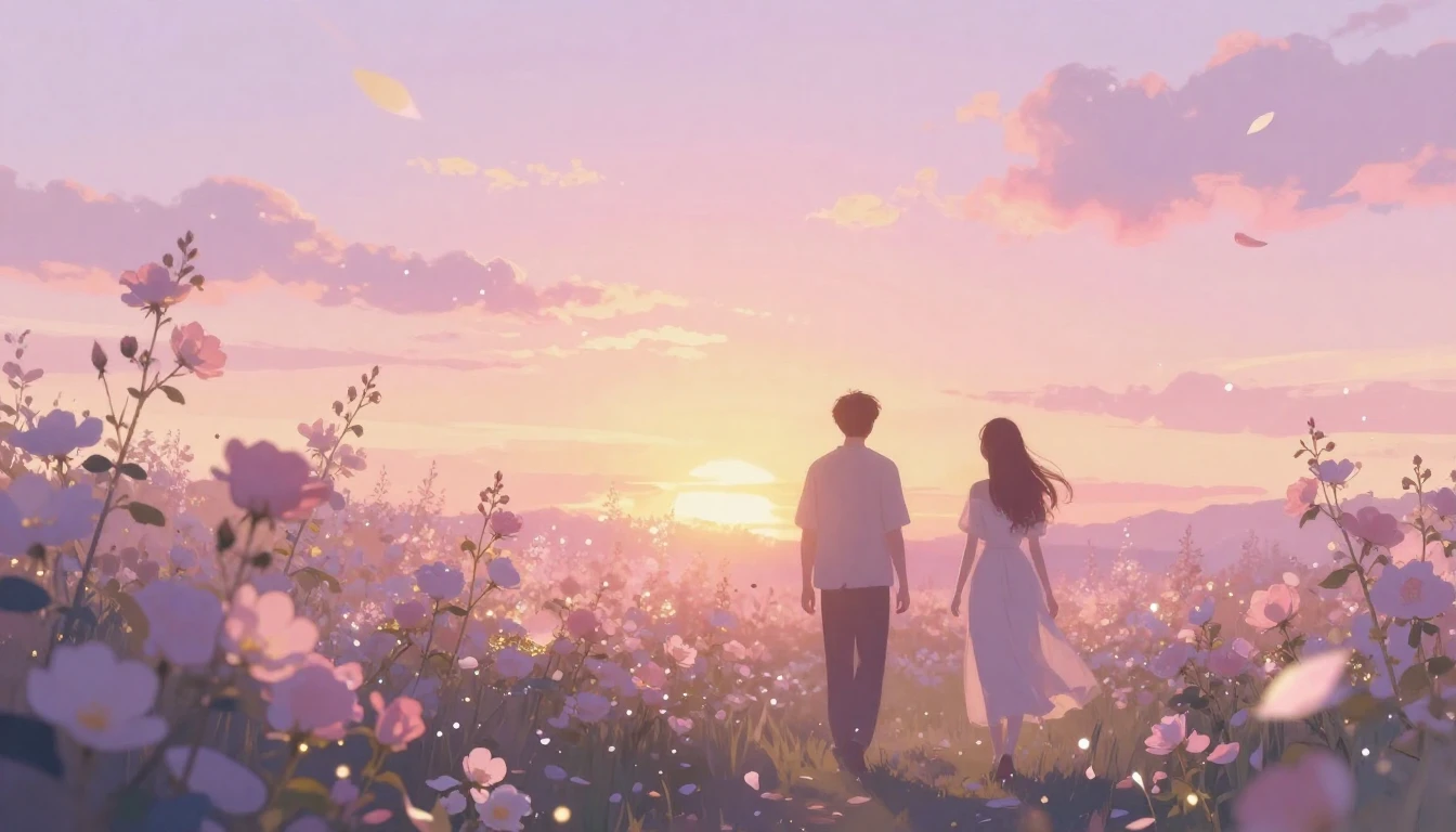 A dreamy and ethereal scene of two silhouettes walking throu...