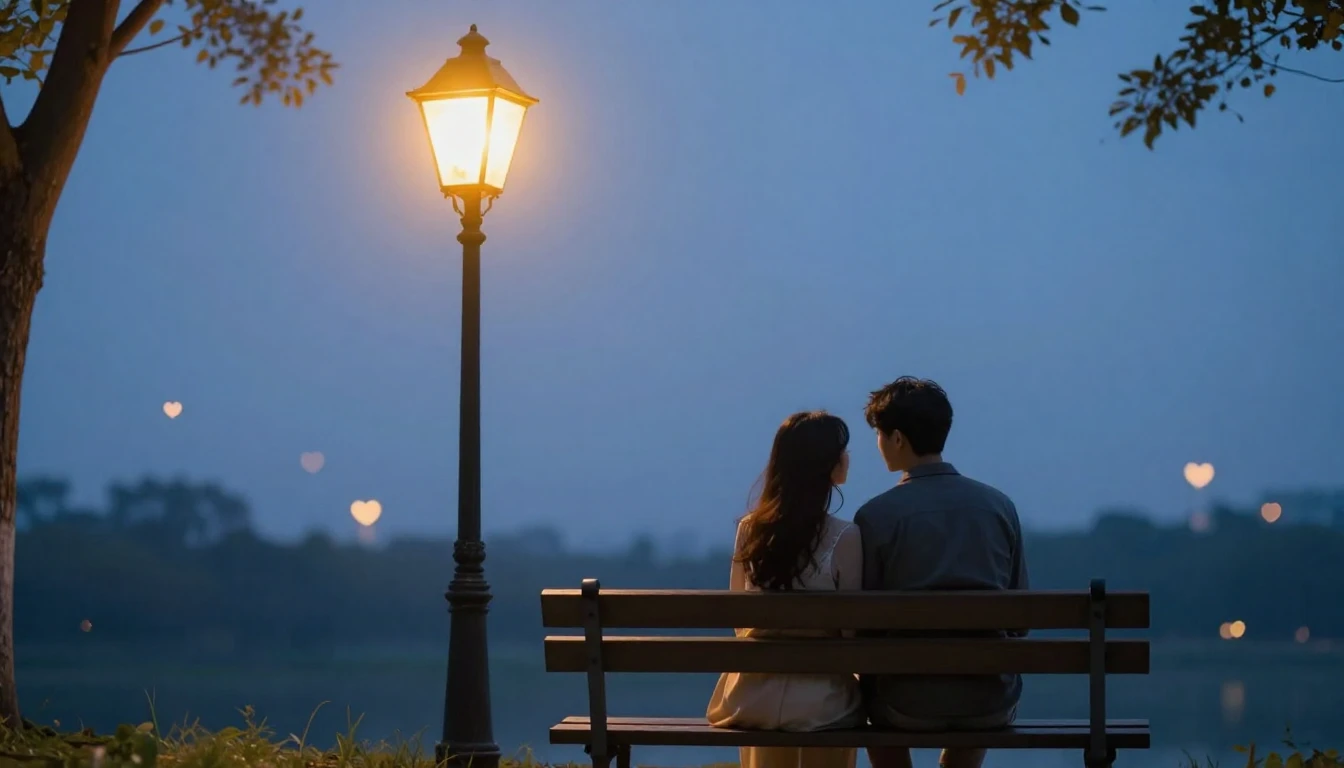 A romantic and dreamy scene featuring a couple sitting on a ...